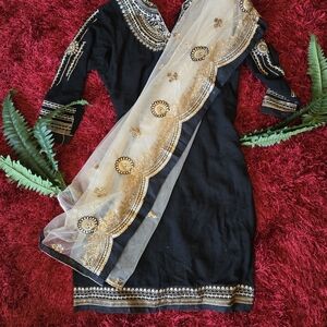 Black and Gold Embroidered Kurta, Skirt, And Dupatta